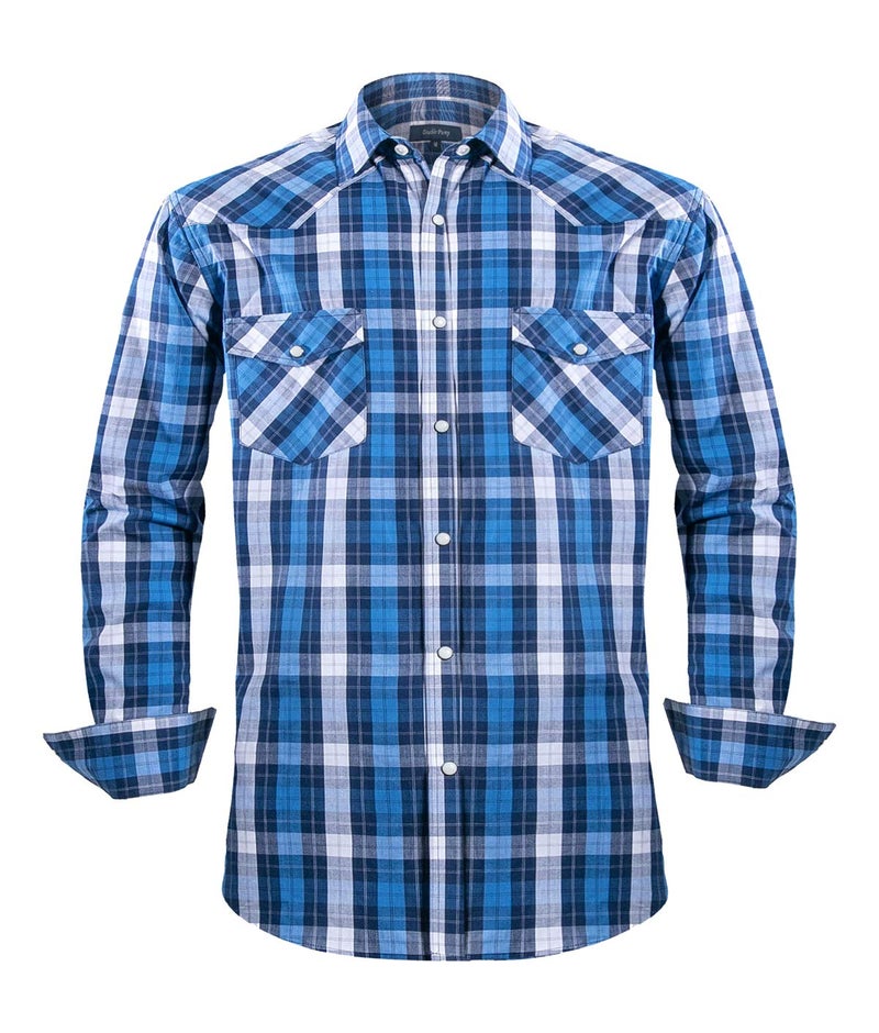 Double Pump Western Shirts for Men with Snap Buttons Regular Fit Plaid Mens Long Sleeve Shirts Casual,Blue White Check 017,Large - Image 1